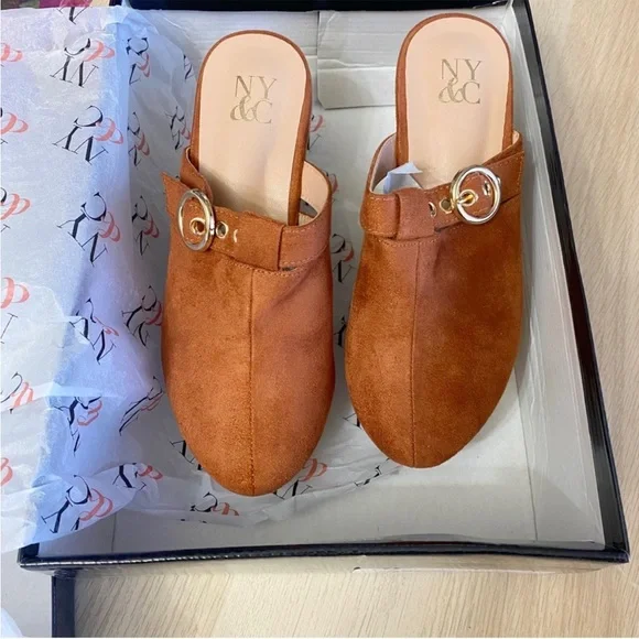 New York & Company | Nyomi Clog Mule Cognac Brown Tan Faux Suede Fall New 6 - Picture 2 of 4